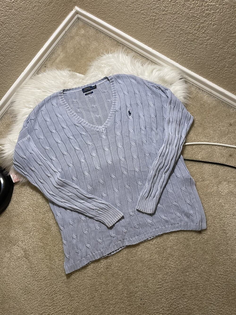 Polo Ralph Lauren Cable Knit Blue Pima Cotton V Neck Logo Oversized Sweater Sz M